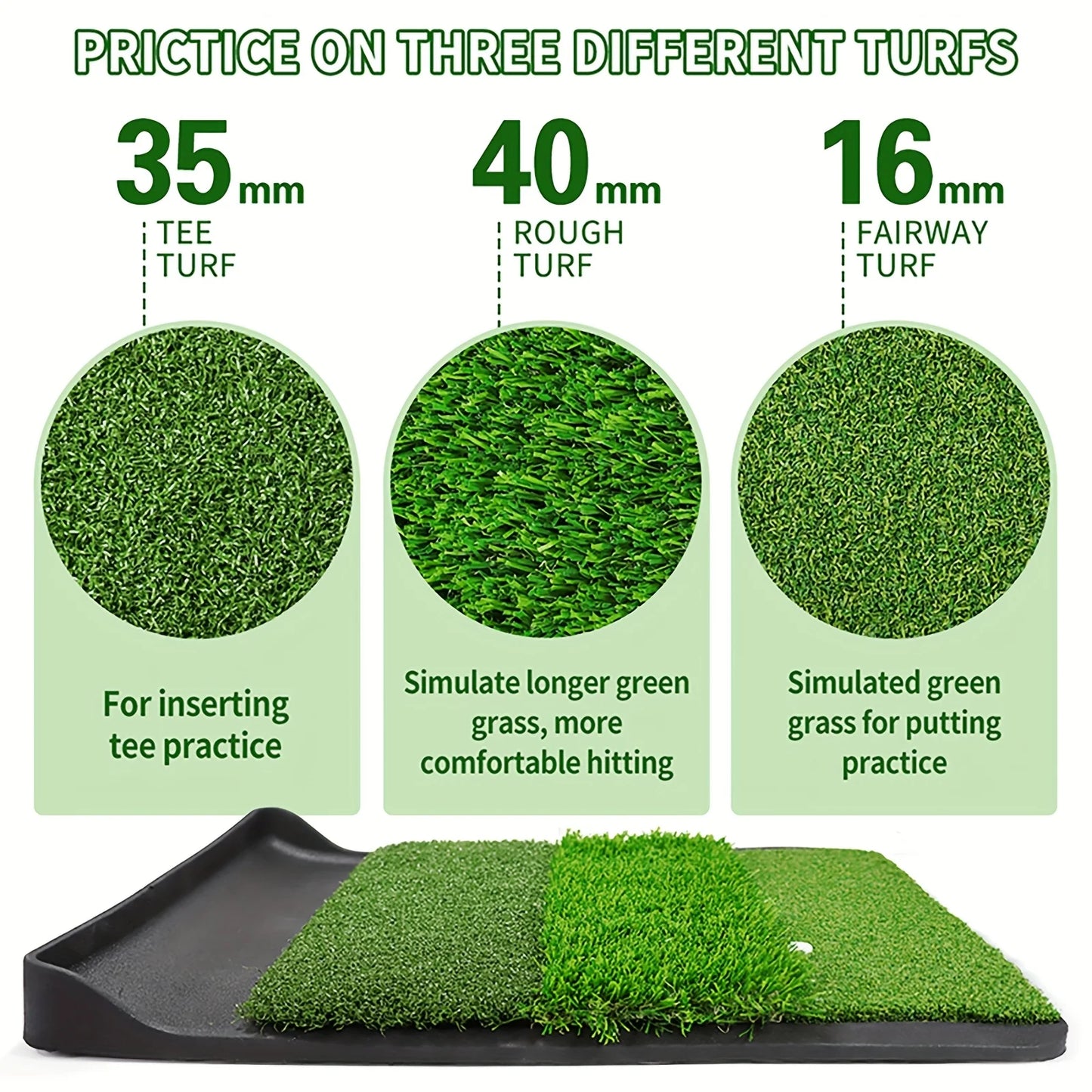 Golf Hitting Mat 4-in-1 Folding Grass Mat - Practice Triple Turf Chipping Swing Detection Aid Hitting Mat Golf Mat for Backyard