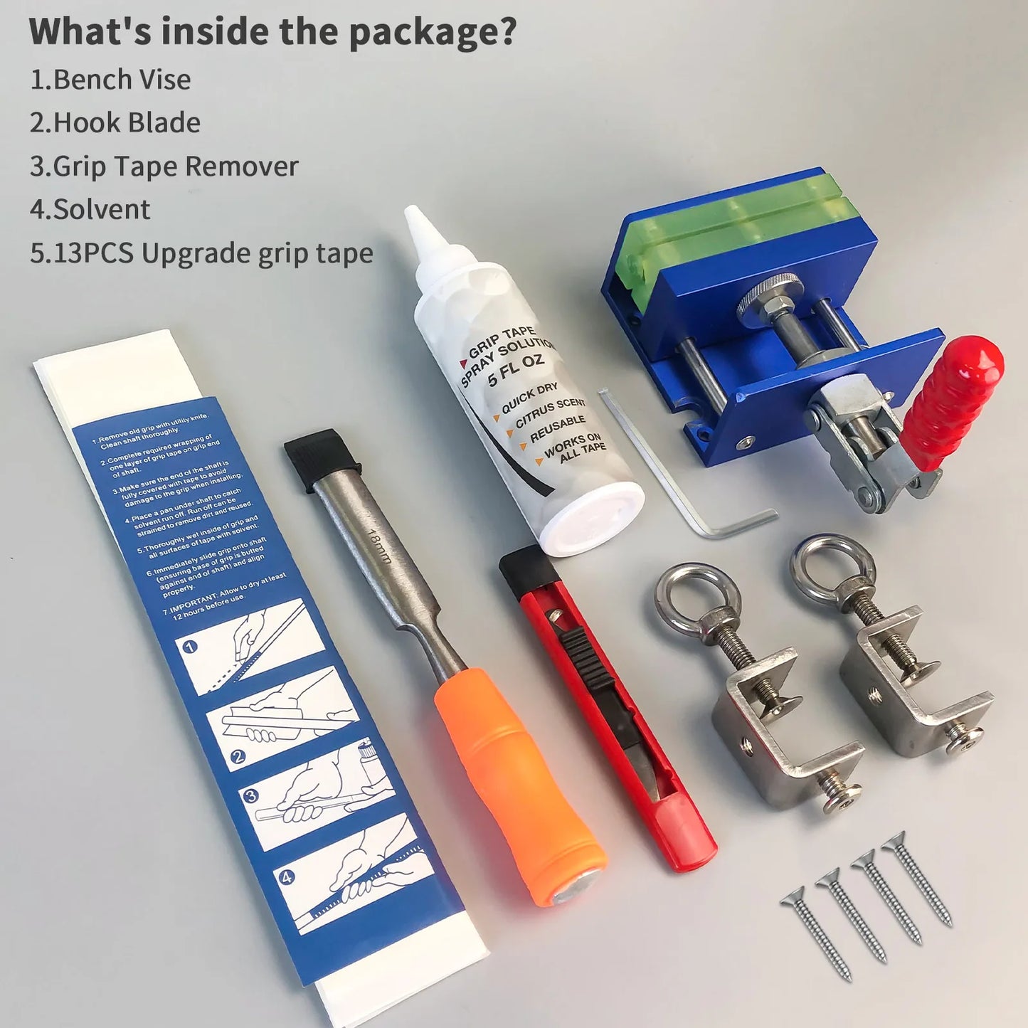 Golf Repair Kit Set for Regripping Golf Clubs Inlcudes 13Pcs Grip Tapes, Hook Knife, Solvent, Grip Tape Remover and Clamp