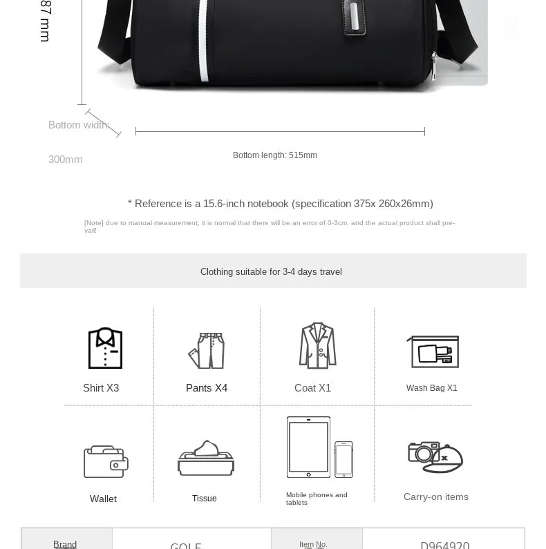 GOLF men's travel bag, short distance luggage bag, dry and wet separation fitness bag, backpack, business trip portable