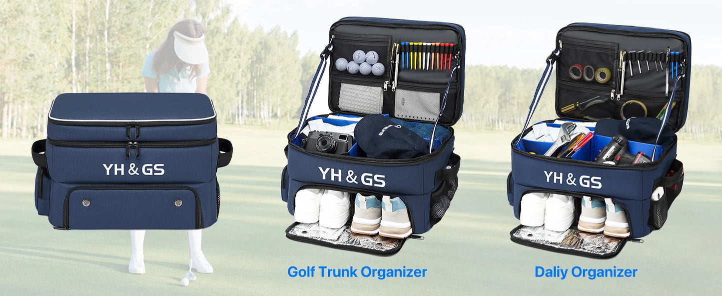 Golf Trunk Organizer Golf Shoes Bag With Large Golf Storage Box for Balls Tees Clothes Gloves Accessories ﻿with Shoe Compartment