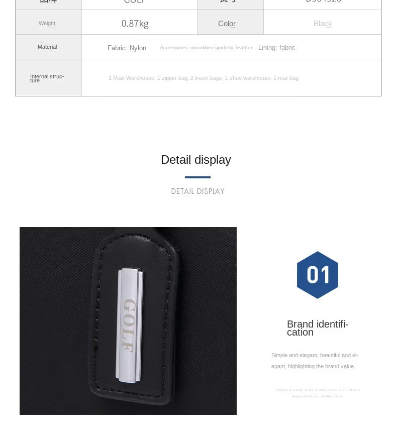 GOLF men's travel bag, short distance luggage bag, dry and wet separation fitness bag, backpack, business trip portable