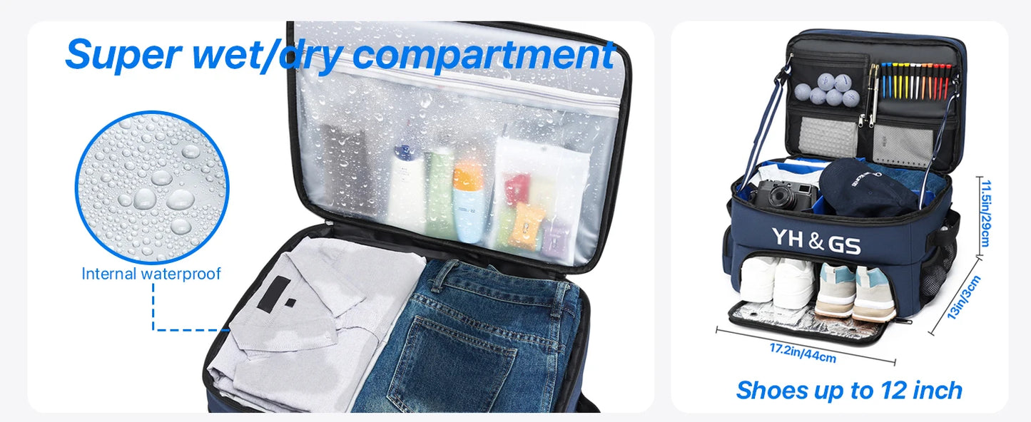 Golf Trunk Organizer Golf Shoes Bag With Large Golf Storage Box for Balls Tees Clothes Gloves Accessories ﻿with Shoe Compartment